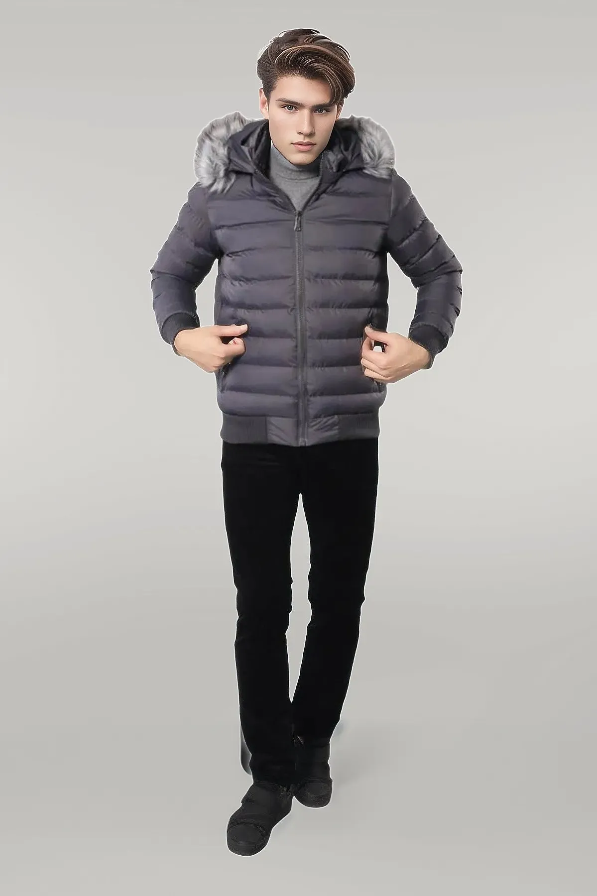 Grey Men's Puffer Coat with Fur - Wessi