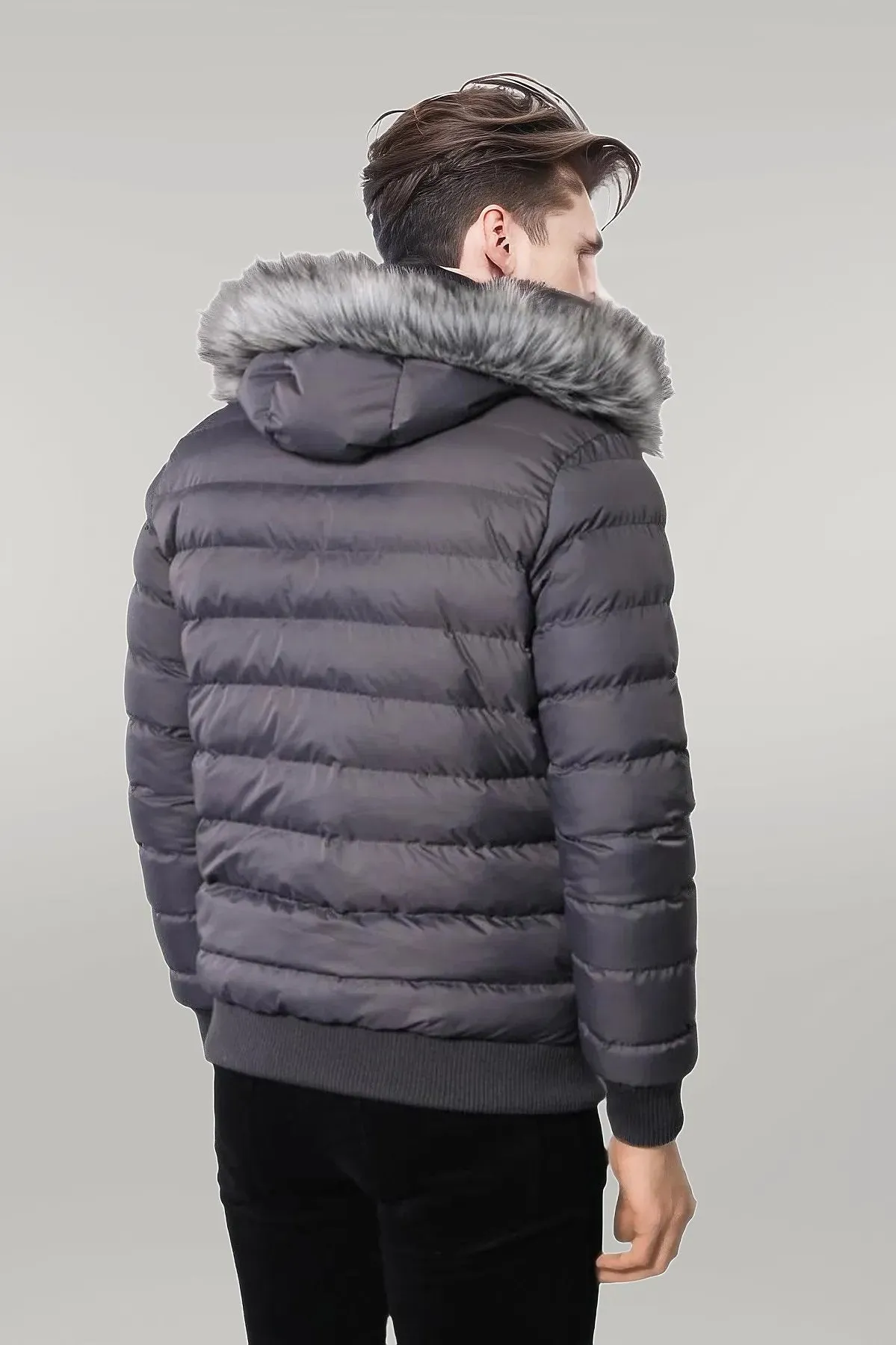 Grey Men's Puffer Coat with Fur - Wessi