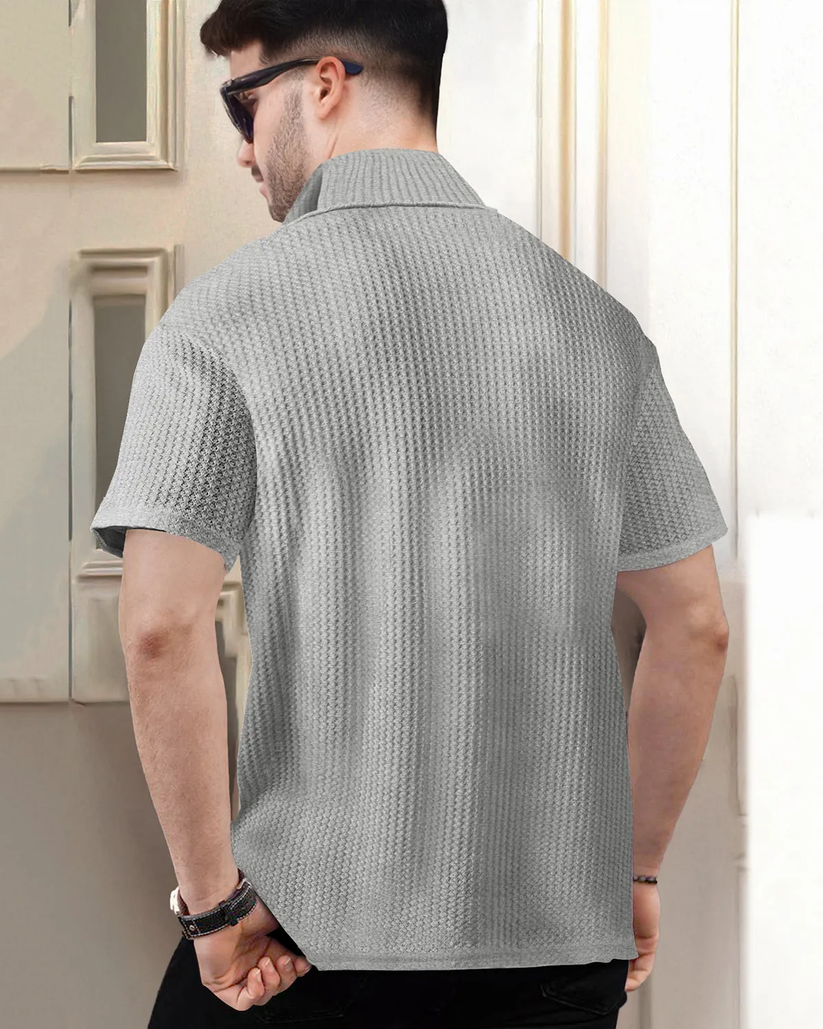 Half Sleeve Plain Zipper High Neck Waffle T-shirt / Grey