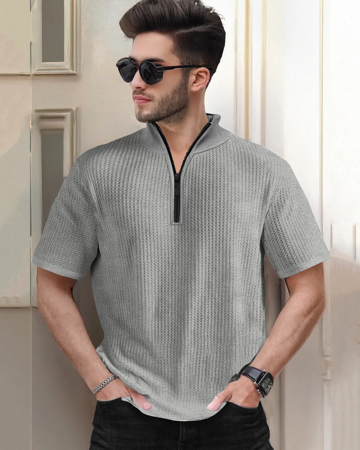 Half Sleeve Plain Zipper High Neck Waffle T-shirt / Grey