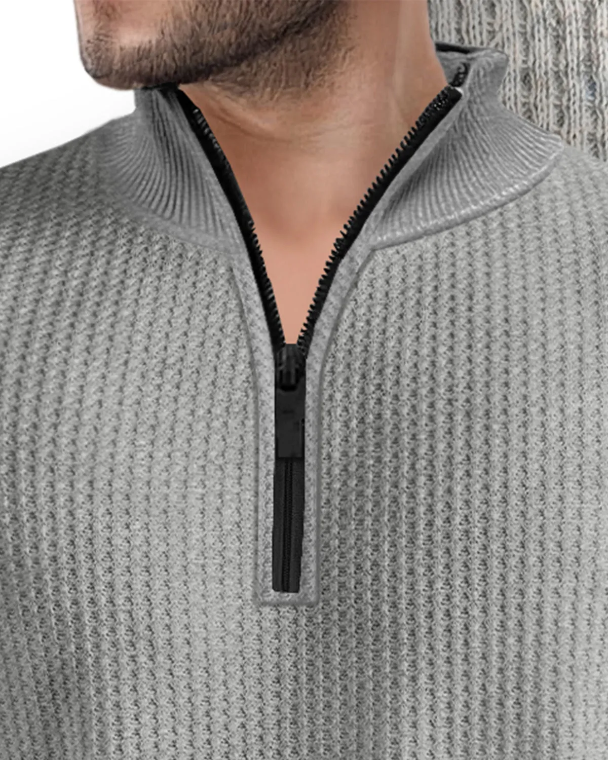 Half Sleeve Plain Zipper High Neck Waffle T-shirt / Grey