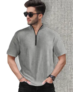 Half Sleeve Plain Zipper High Neck Waffle T-shirt / Grey