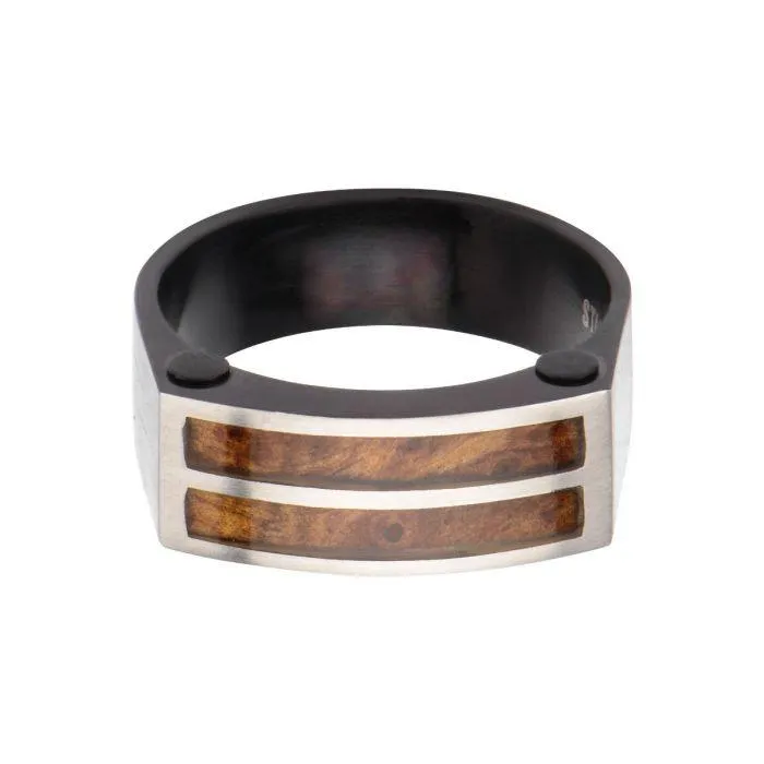 Hollis Bahringer Black Plated with Inlayed Palisander Rose Wood Ring
