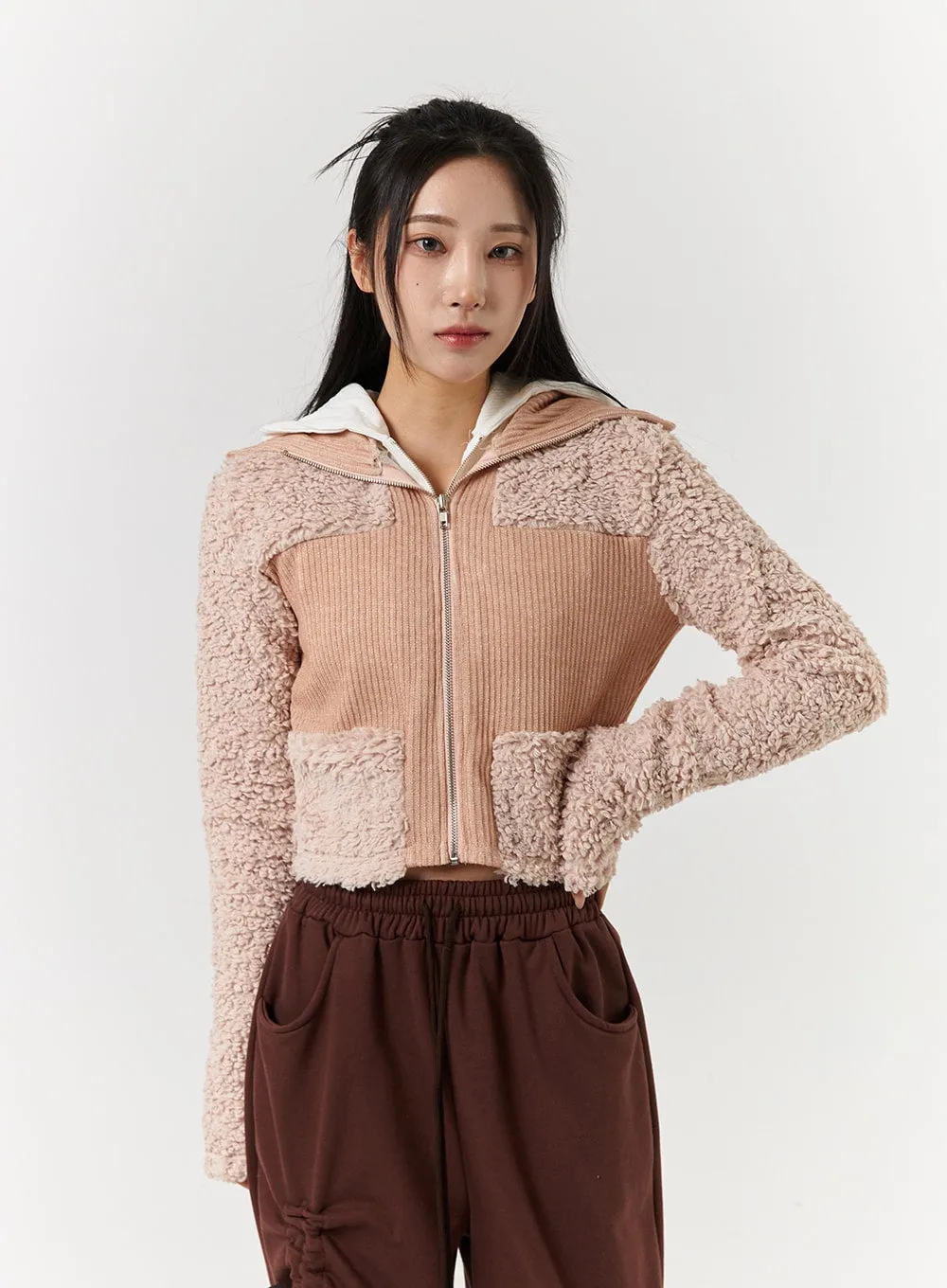 Hooded Patchwork Faux Fur Zipper Cardigan CD322