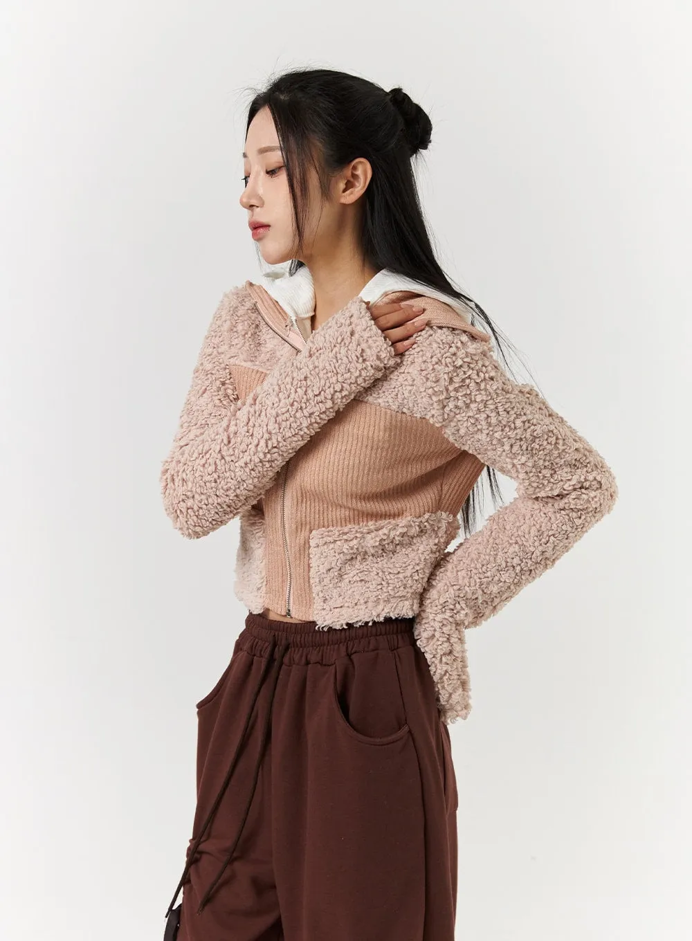 Hooded Patchwork Faux Fur Zipper Cardigan CD322