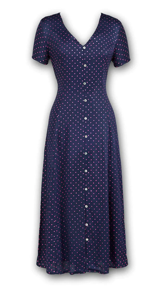 J. Peterman Women's V-Neckline Short Sleeve Button Front Satin Flowy Maxi Dress with Mini Polka Dots