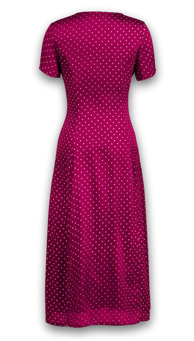 J. Peterman Women's V-Neckline Short Sleeve Button Front Satin Flowy Maxi Dress with Mini Polka Dots