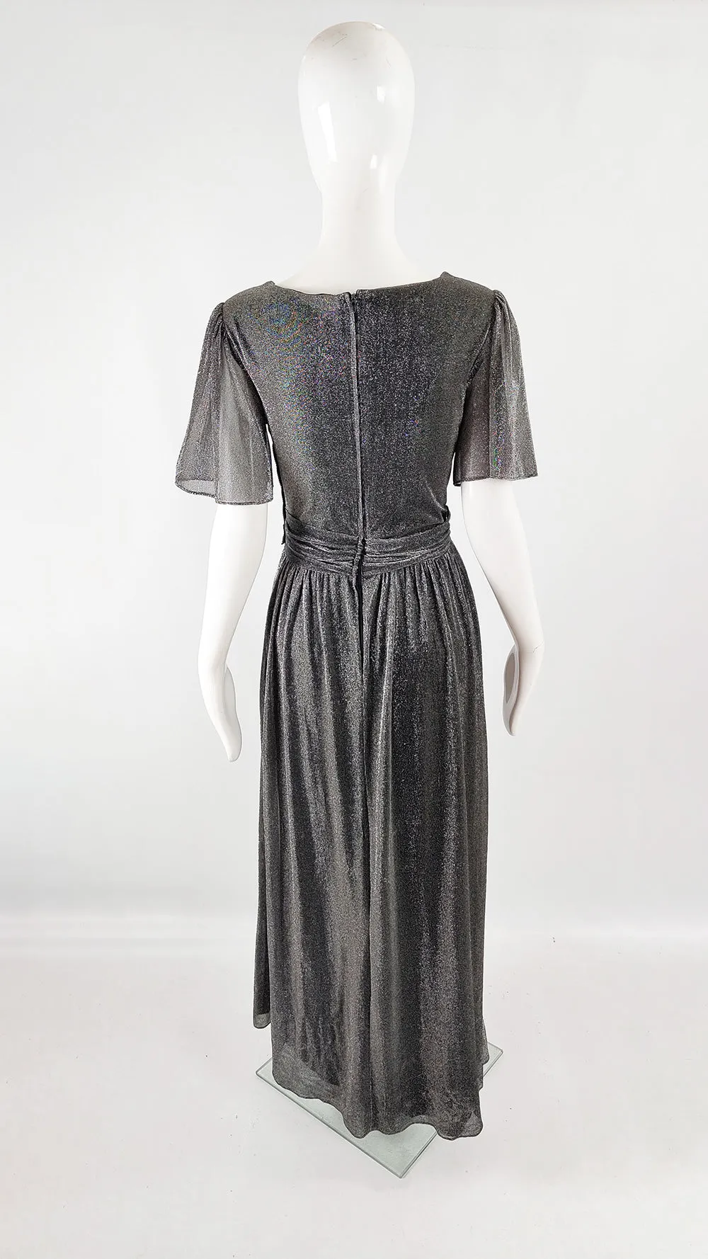 John Charles Vintage 70s Silver Lurex & Black Lace Evening Dress, 1970s