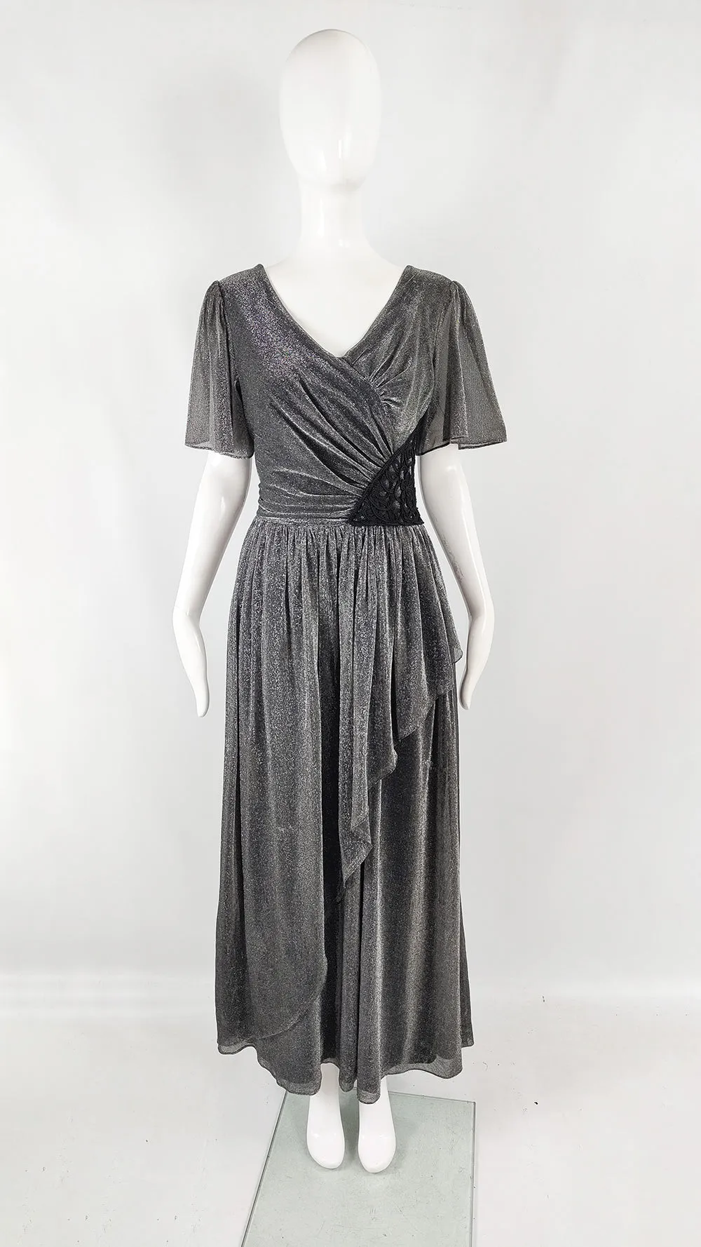John Charles Vintage 70s Silver Lurex & Black Lace Evening Dress, 1970s