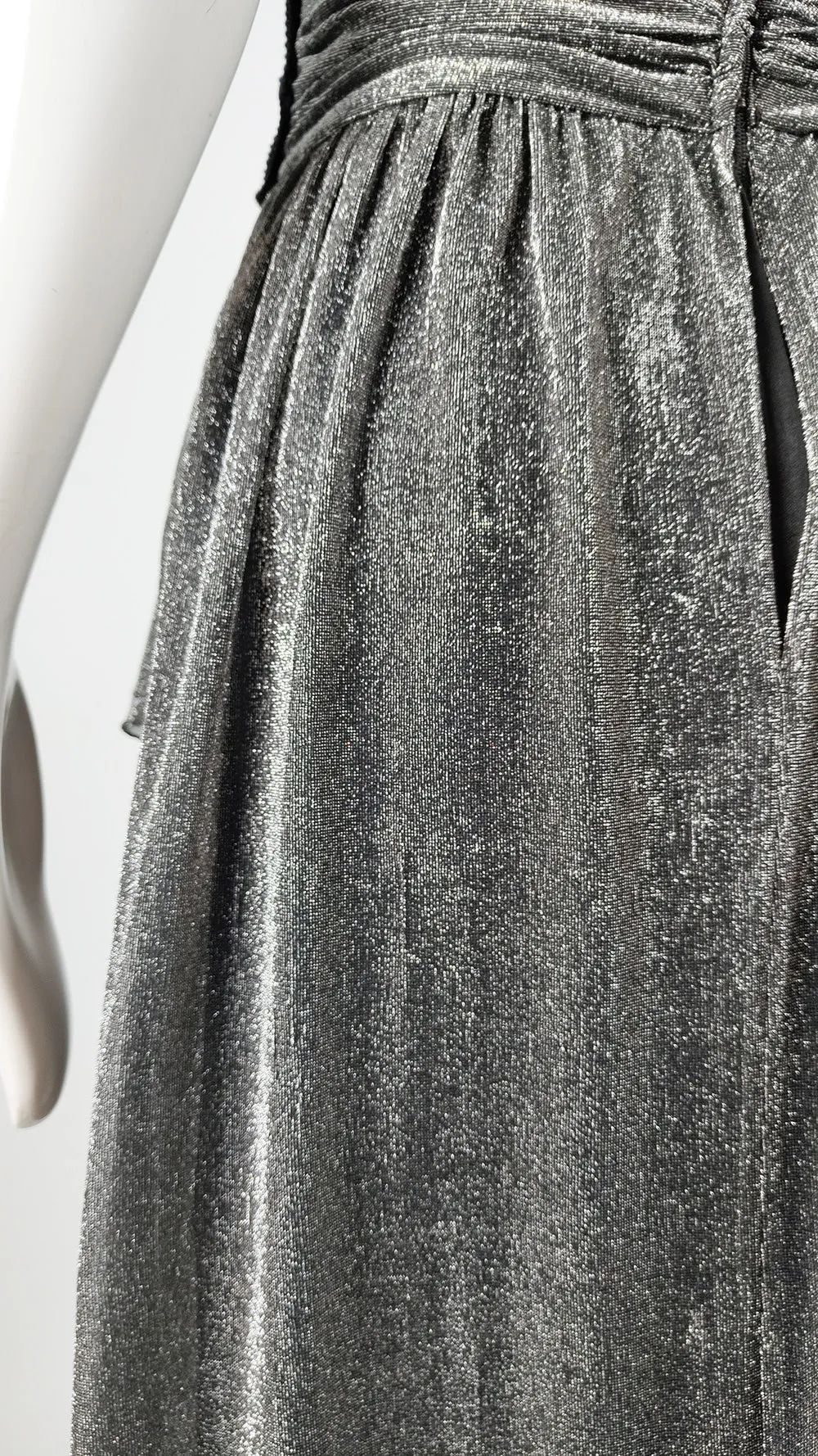 John Charles Vintage 70s Silver Lurex & Black Lace Evening Dress, 1970s