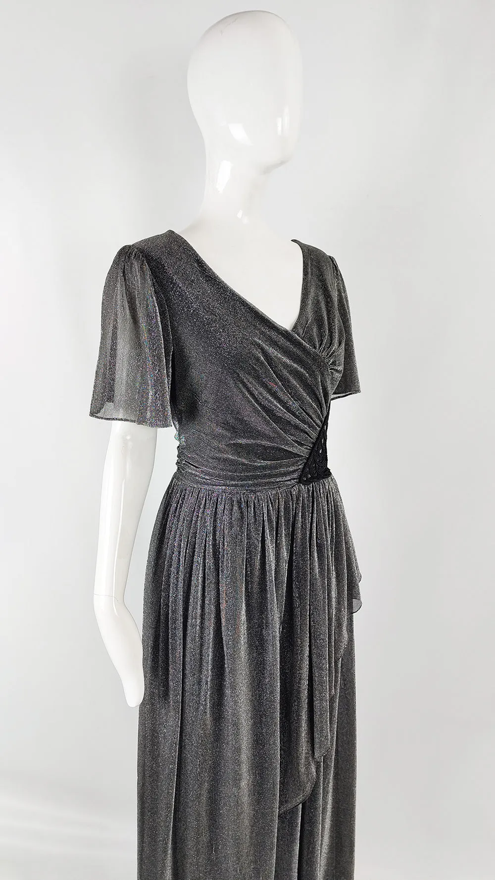 John Charles Vintage 70s Silver Lurex & Black Lace Evening Dress, 1970s