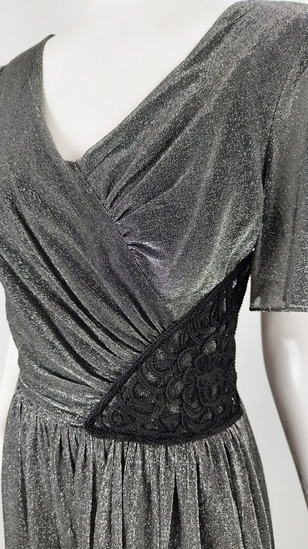 John Charles Vintage 70s Silver Lurex & Black Lace Evening Dress, 1970s