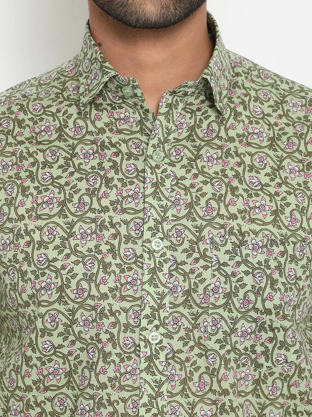 Light green Short Sleeve Cotton Hand Block Printed Men’s Shirt