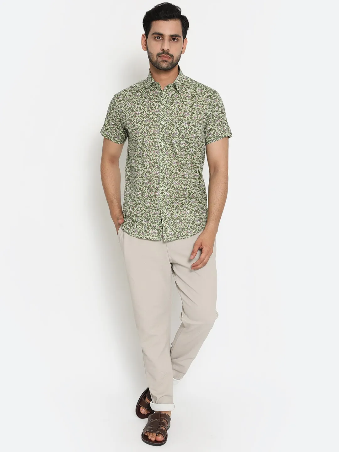 Light green Short Sleeve Cotton Hand Block Printed Men’s Shirt
