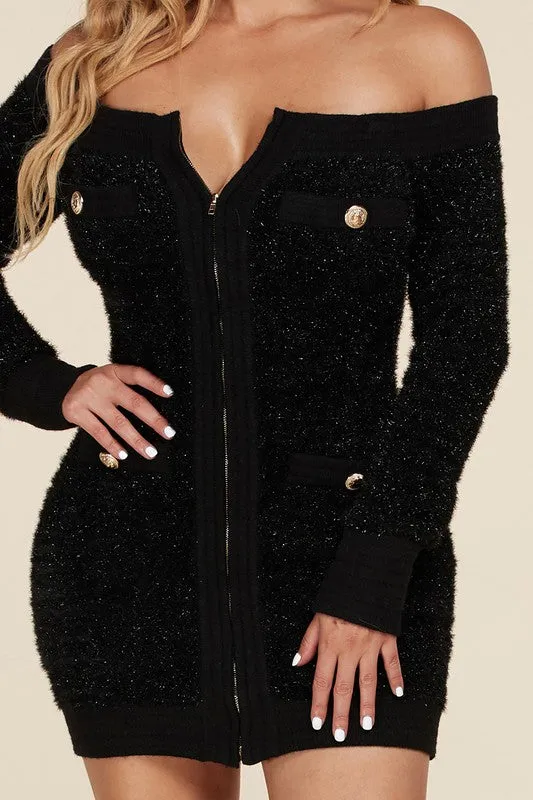 LUREX OFF THE SHOULDER SQUARE KNIT MINI DRESS