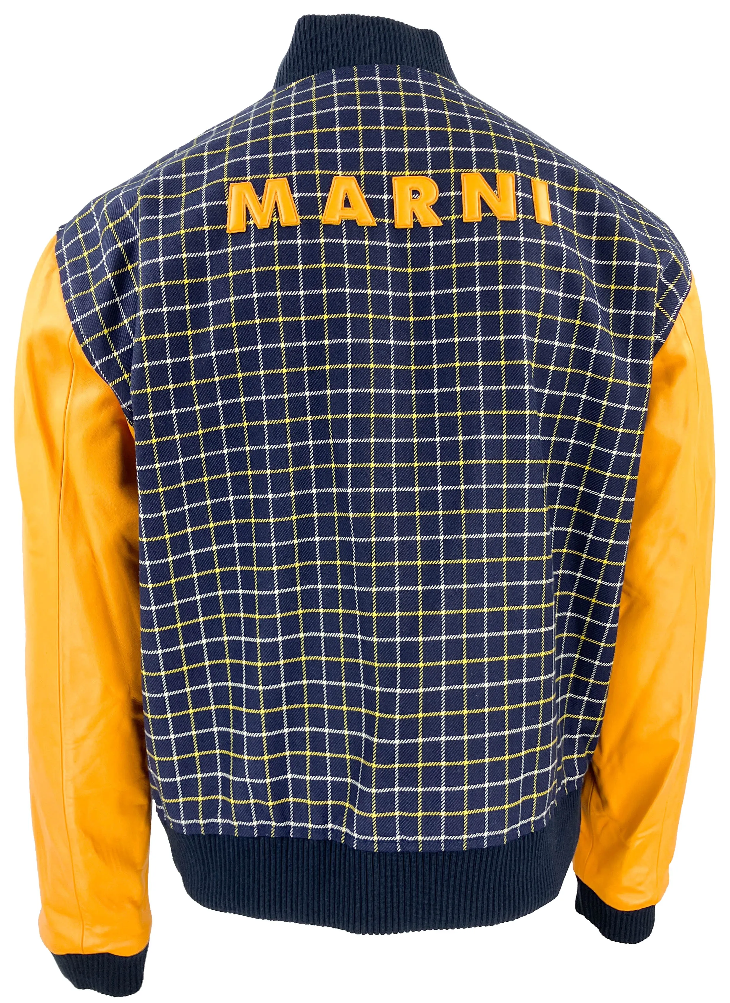 Marni Checked Varsity Jacket in Gold/Blue Marine