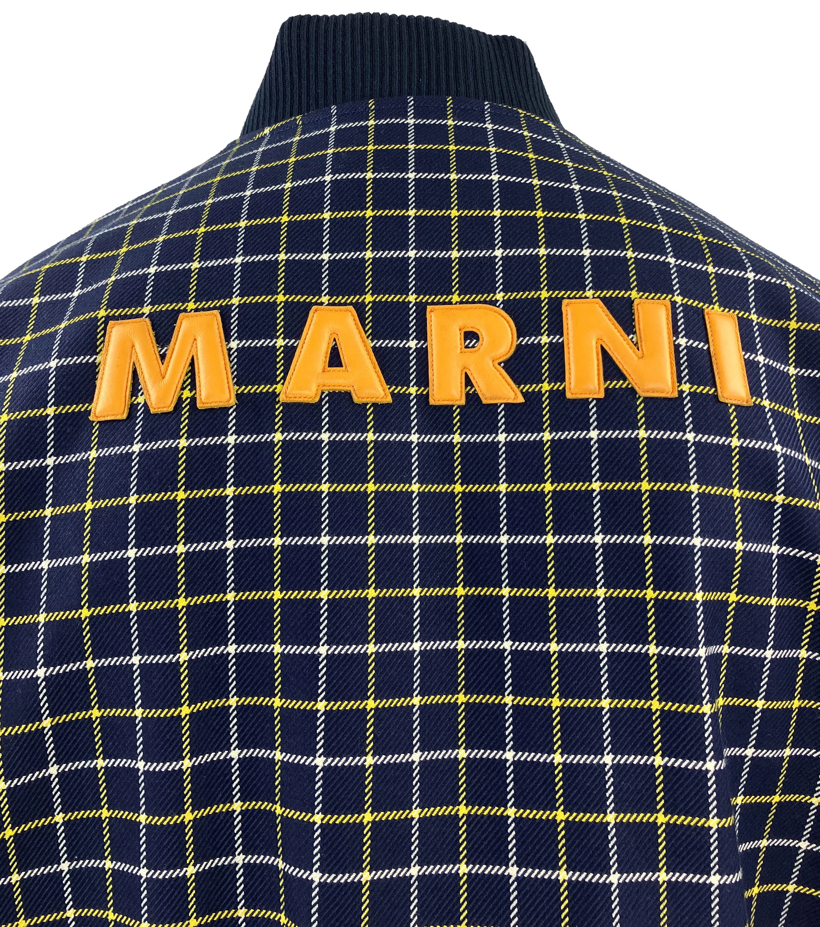Marni Checked Varsity Jacket in Gold/Blue Marine