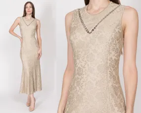 Medium 90s Champagne Metallic Trumpet Hem Maxi Dress