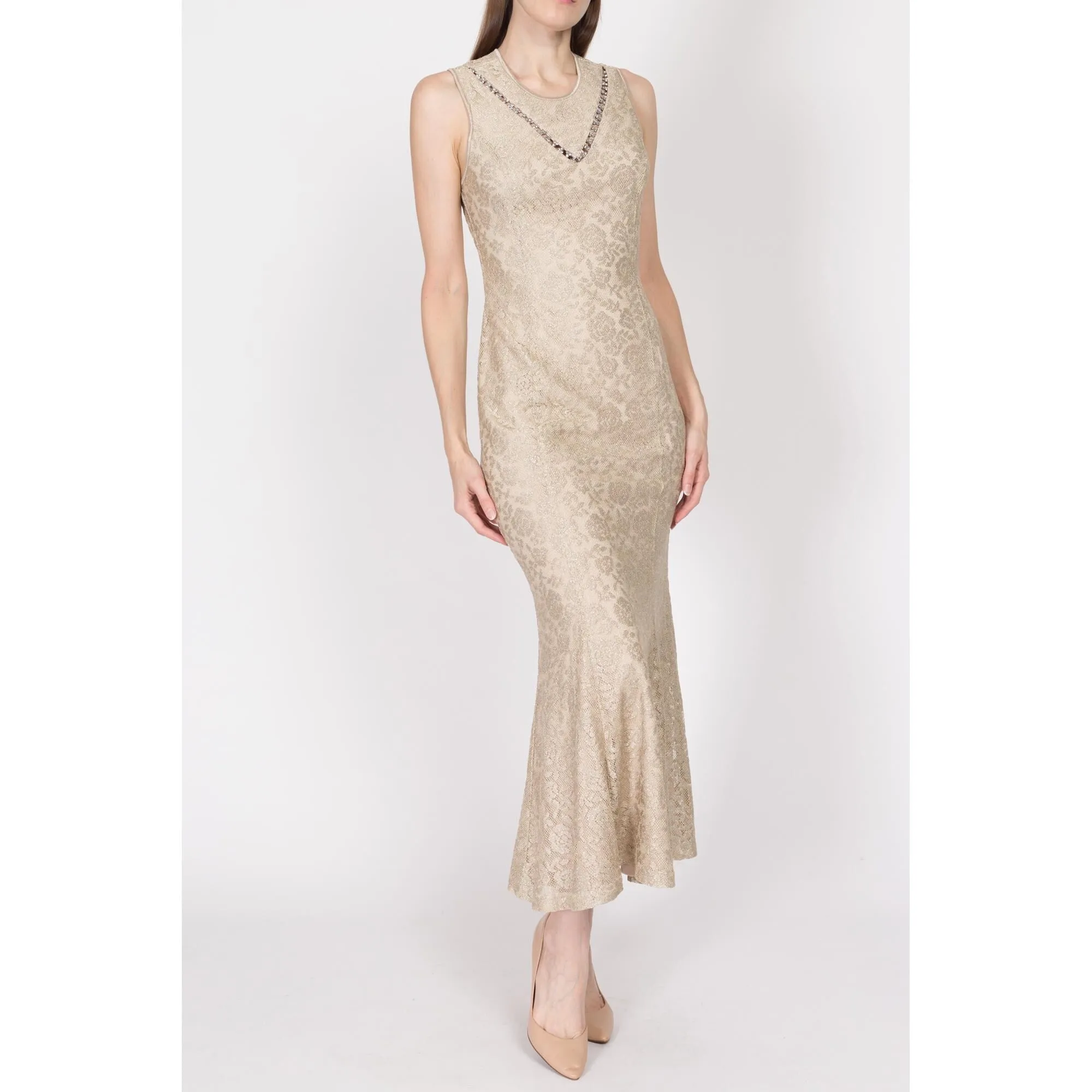 Medium 90s Champagne Metallic Trumpet Hem Maxi Dress