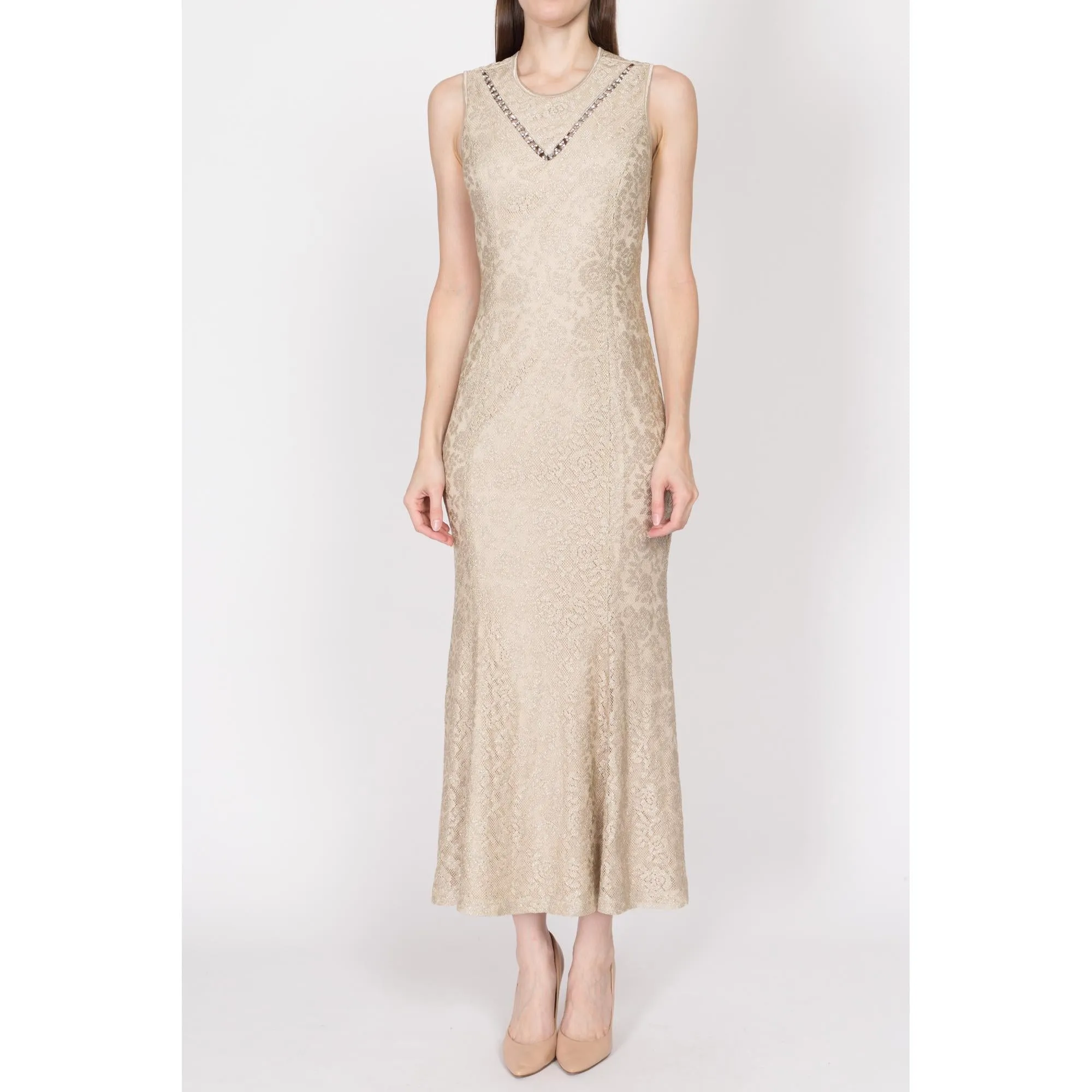 Medium 90s Champagne Metallic Trumpet Hem Maxi Dress