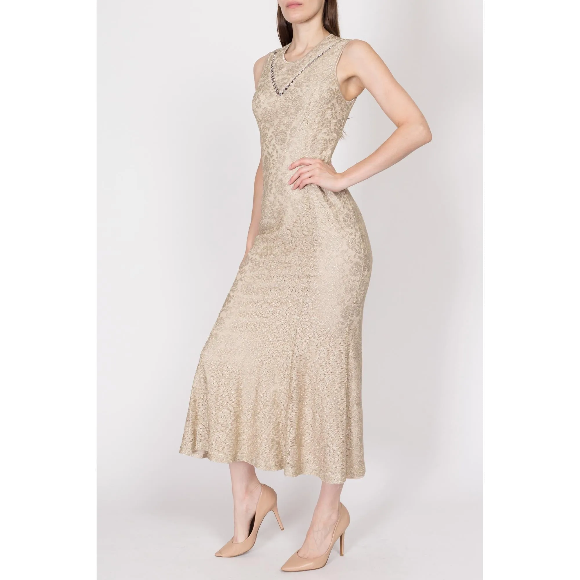 Medium 90s Champagne Metallic Trumpet Hem Maxi Dress