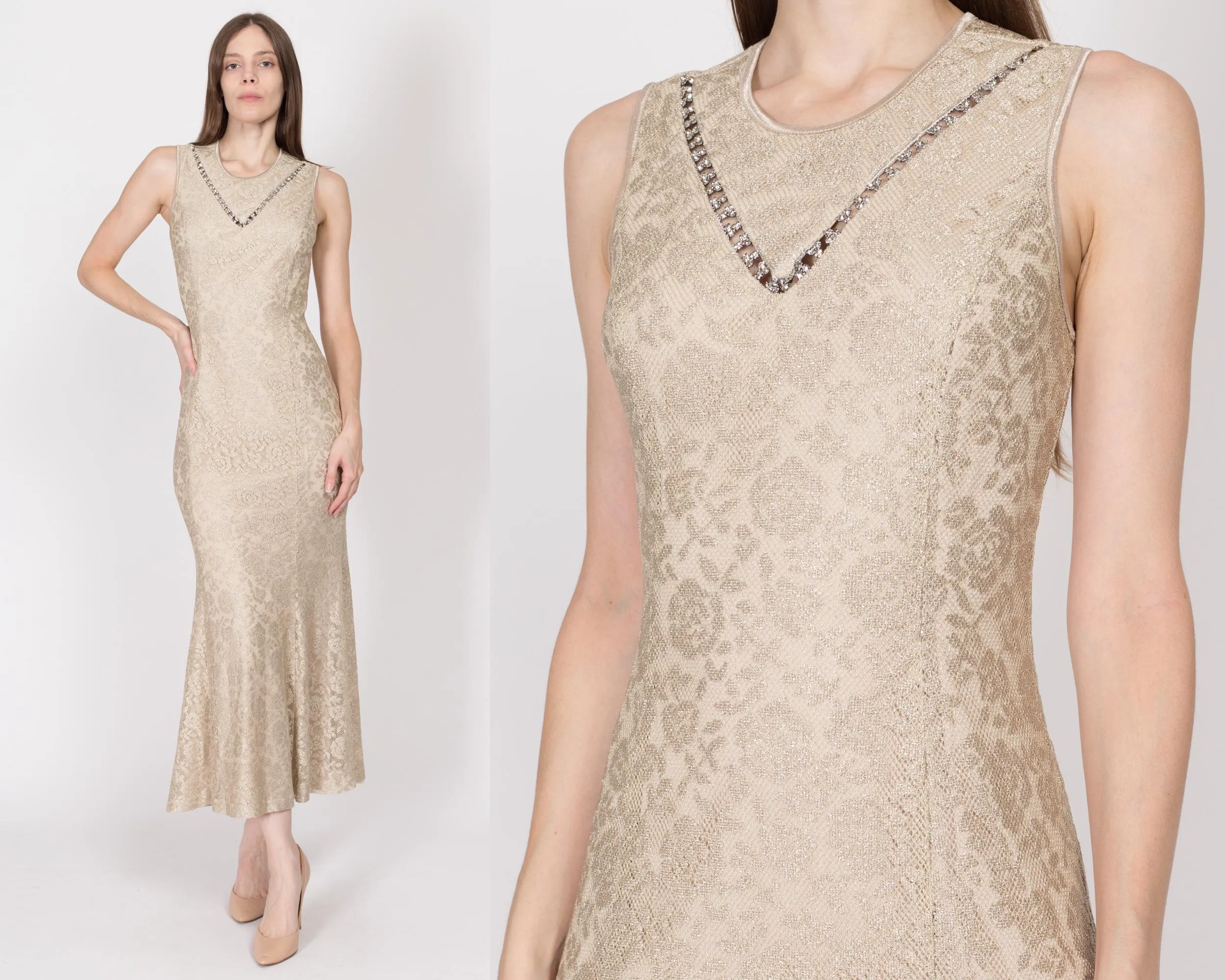 Medium 90s Champagne Metallic Trumpet Hem Maxi Dress
