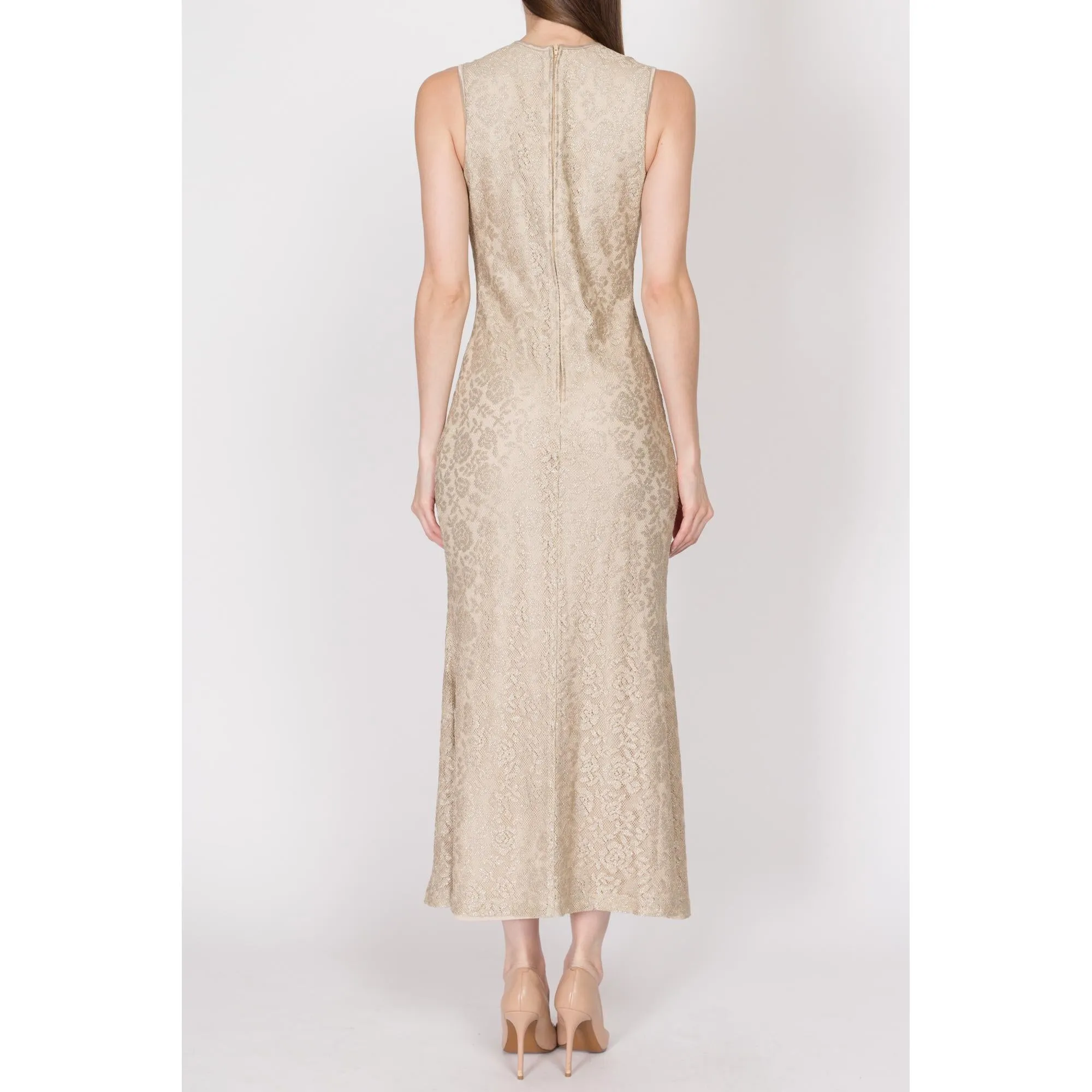 Medium 90s Champagne Metallic Trumpet Hem Maxi Dress