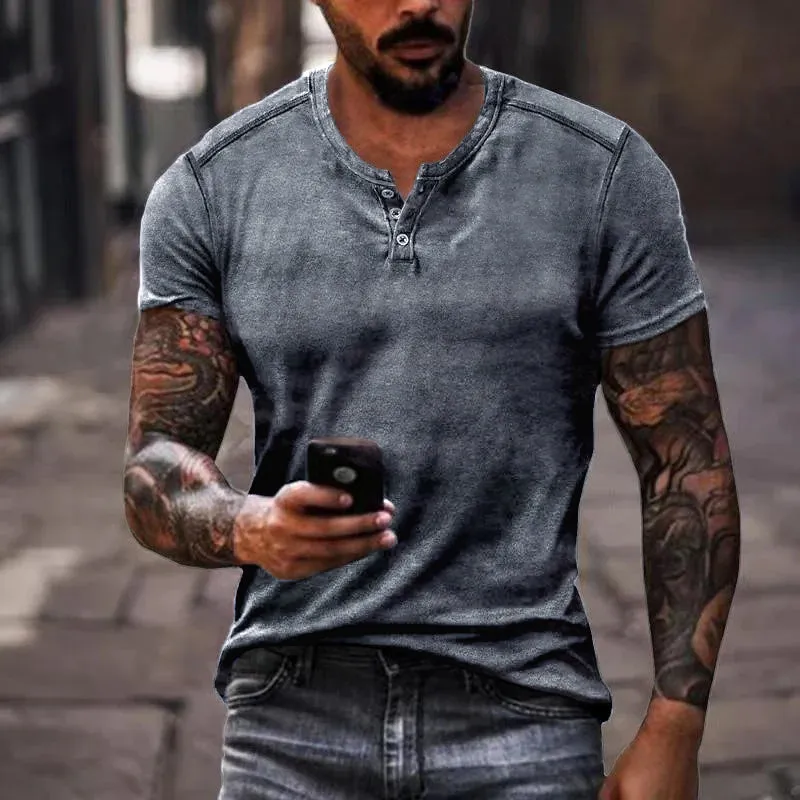 Men's Casual Solid Color Henley Collar Short Sleeve T-Shirt