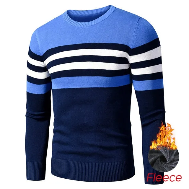 Men's Casual Striped Thick Fleece Cotton Sweater