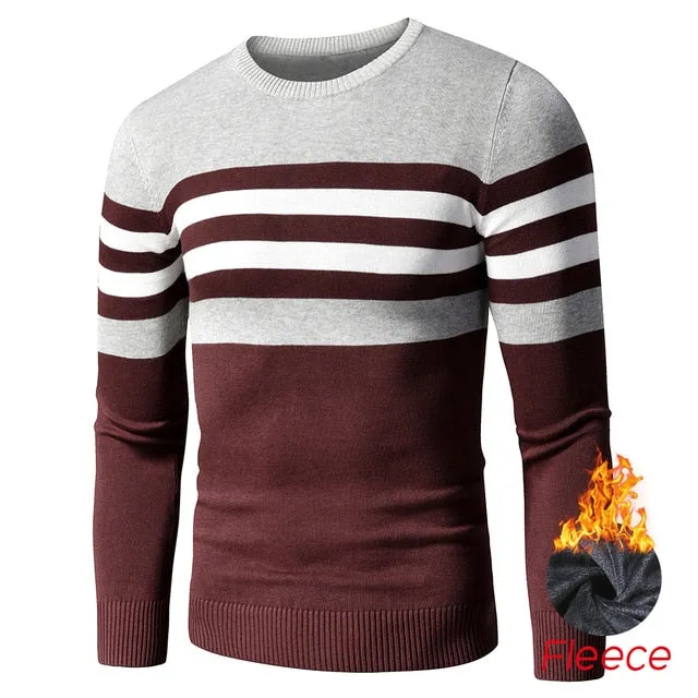 Men's Casual Striped Thick Fleece Cotton Sweater