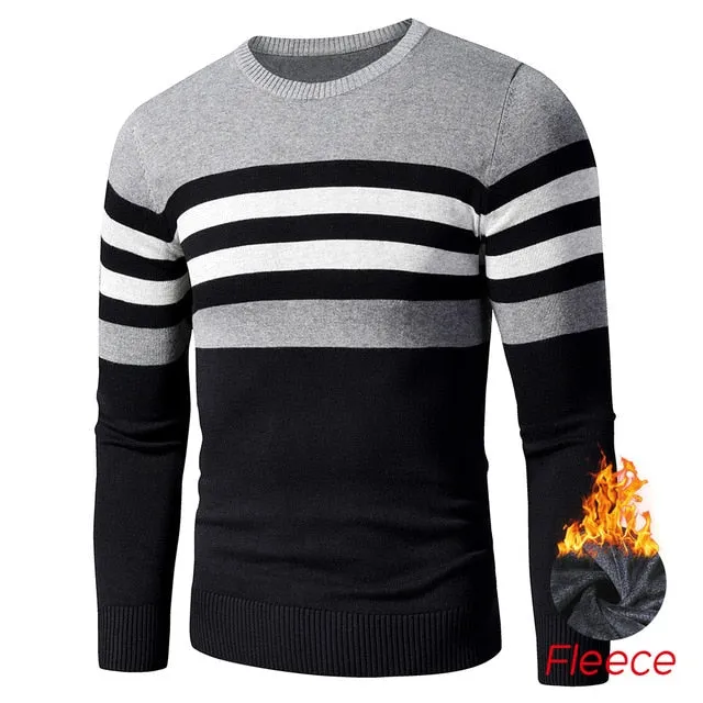 Men's Casual Striped Thick Fleece Cotton Sweater