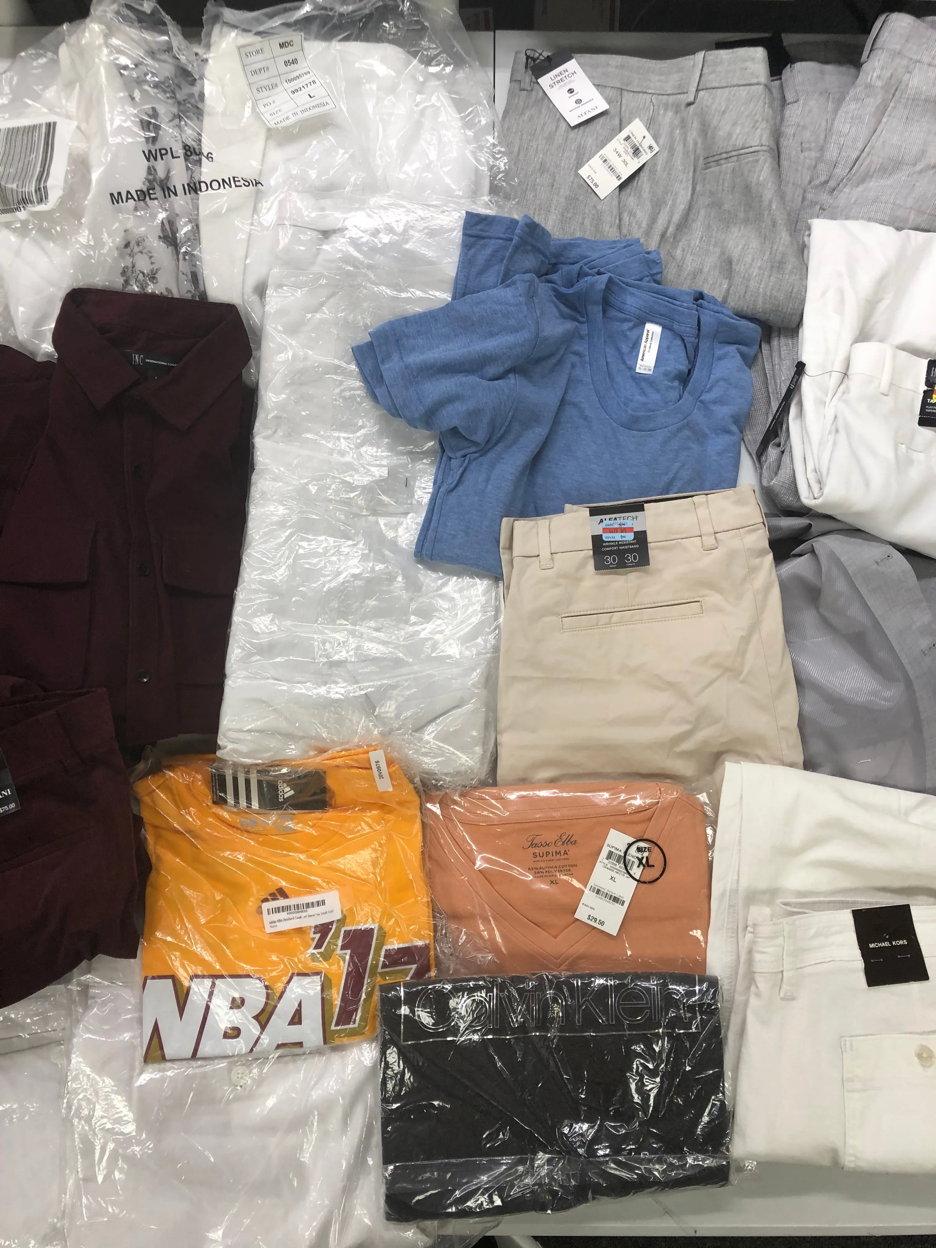 Men's Clothing ADIDAS, Calvin Klein, Michael Kors, American Apparel, Tasso Elba, Alfani, BAR III, INC and more, 20 Units, Shelf Pulls, MSRP $1,289.48
