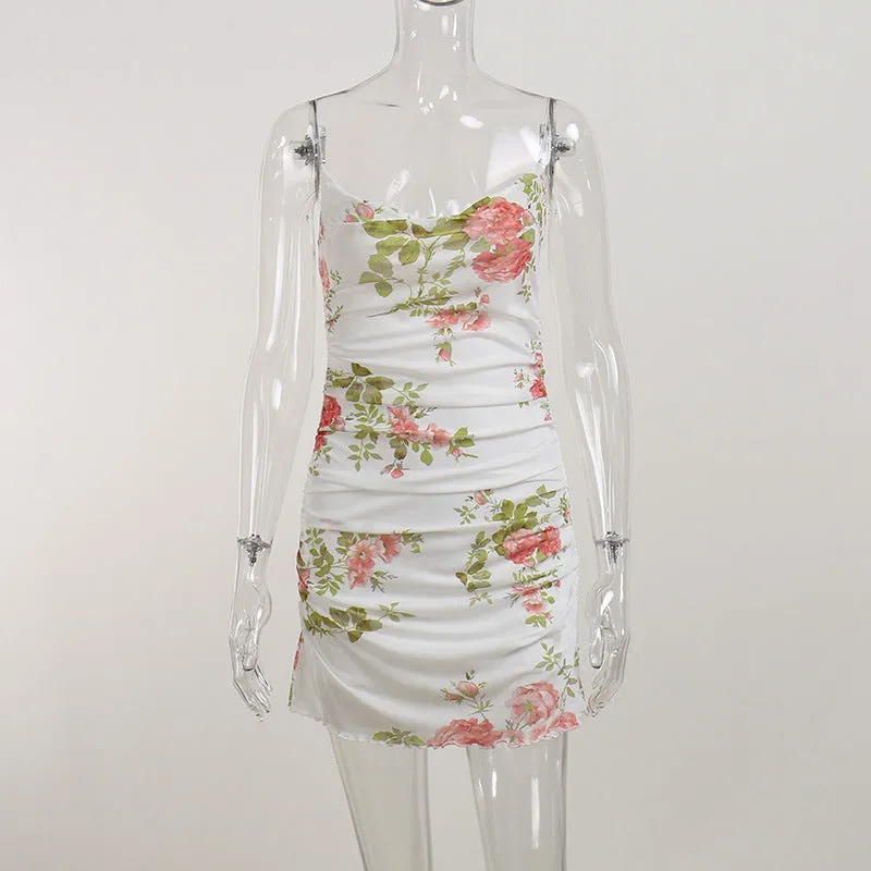 Mesh Floral Print French Dress Women Clothing Spring Beach Sexy Graceful Slip Dress