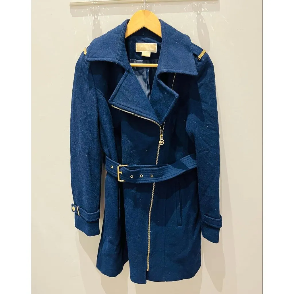 Michael Kors Navy Blue Wool Belted Pea Coat Jacket - Size 4