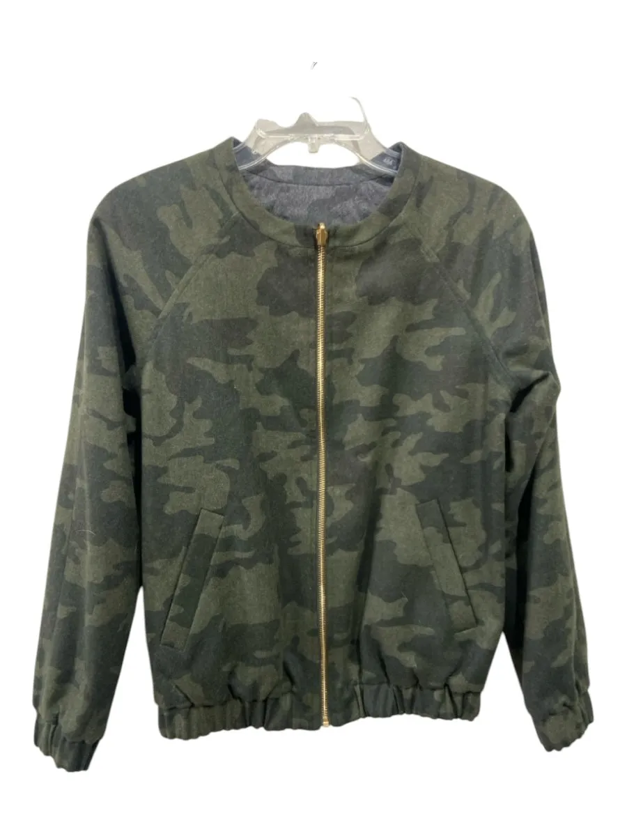 No Brand Size XS Green Print Wool Blend Camo Zip Gold Hardware Bomber Jacket