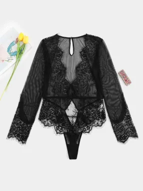 OEM ODM Plain Hollow Cut Out Long Sleeve Black Plus Size Intimates