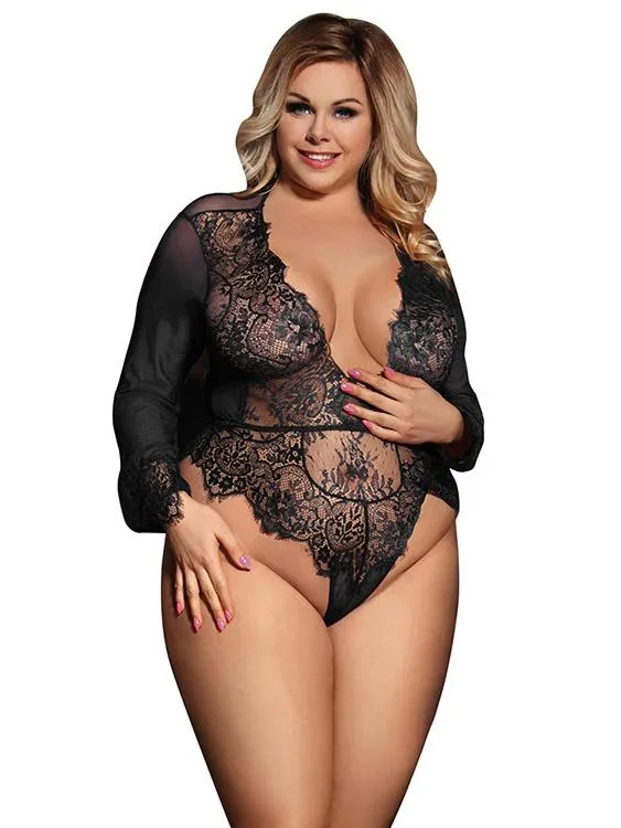 OEM ODM V-Neck Lace Long Sleeve Black Plus Size Intimates