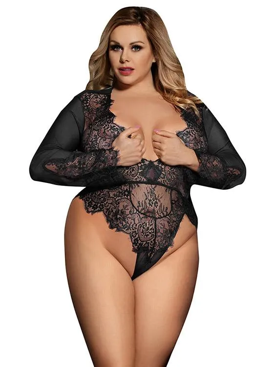 OEM ODM V-Neck Lace Long Sleeve Black Plus Size Intimates