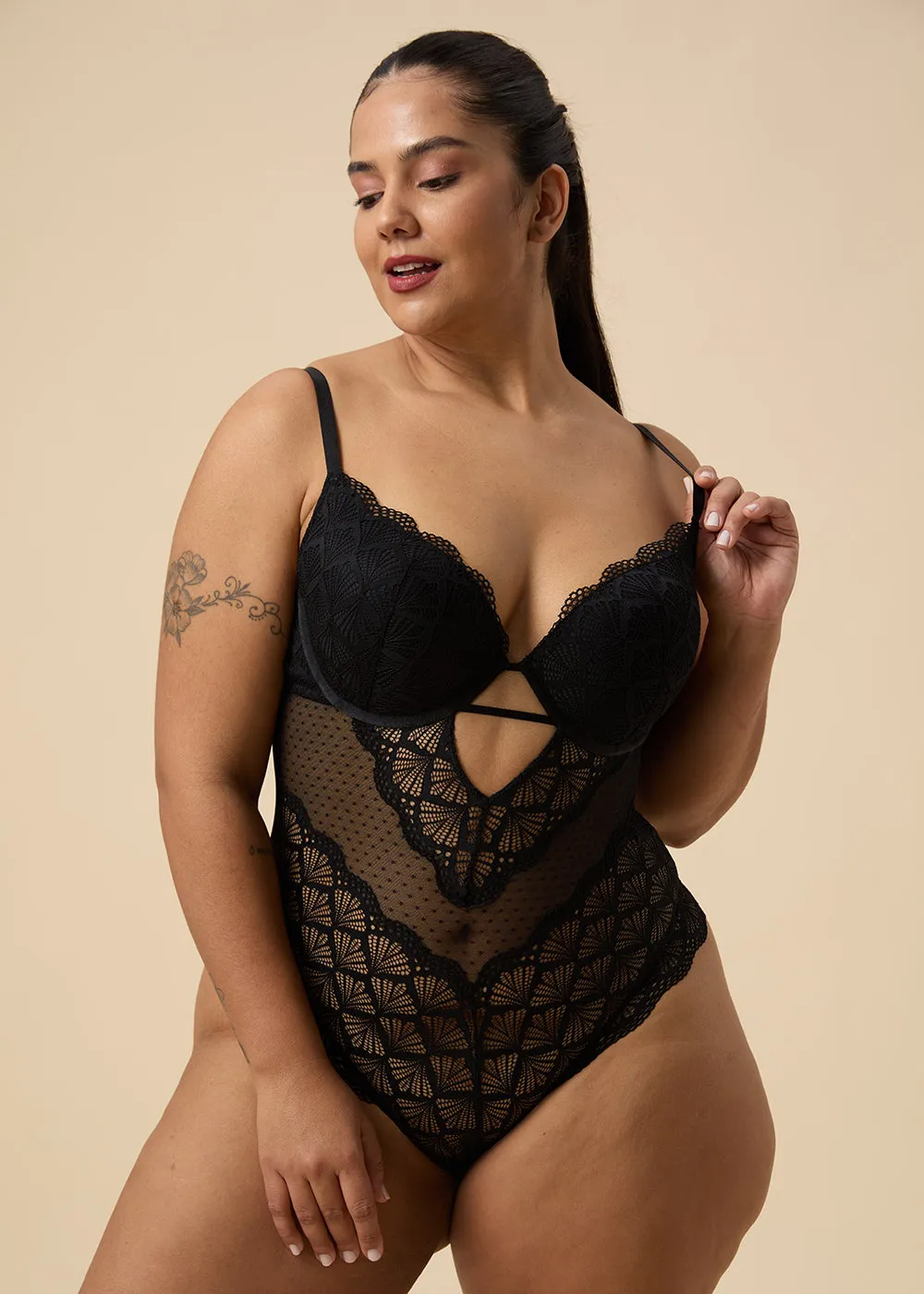 OLIVIA Plus Sexy Push-Up Mesh Black Lace Bodysuit