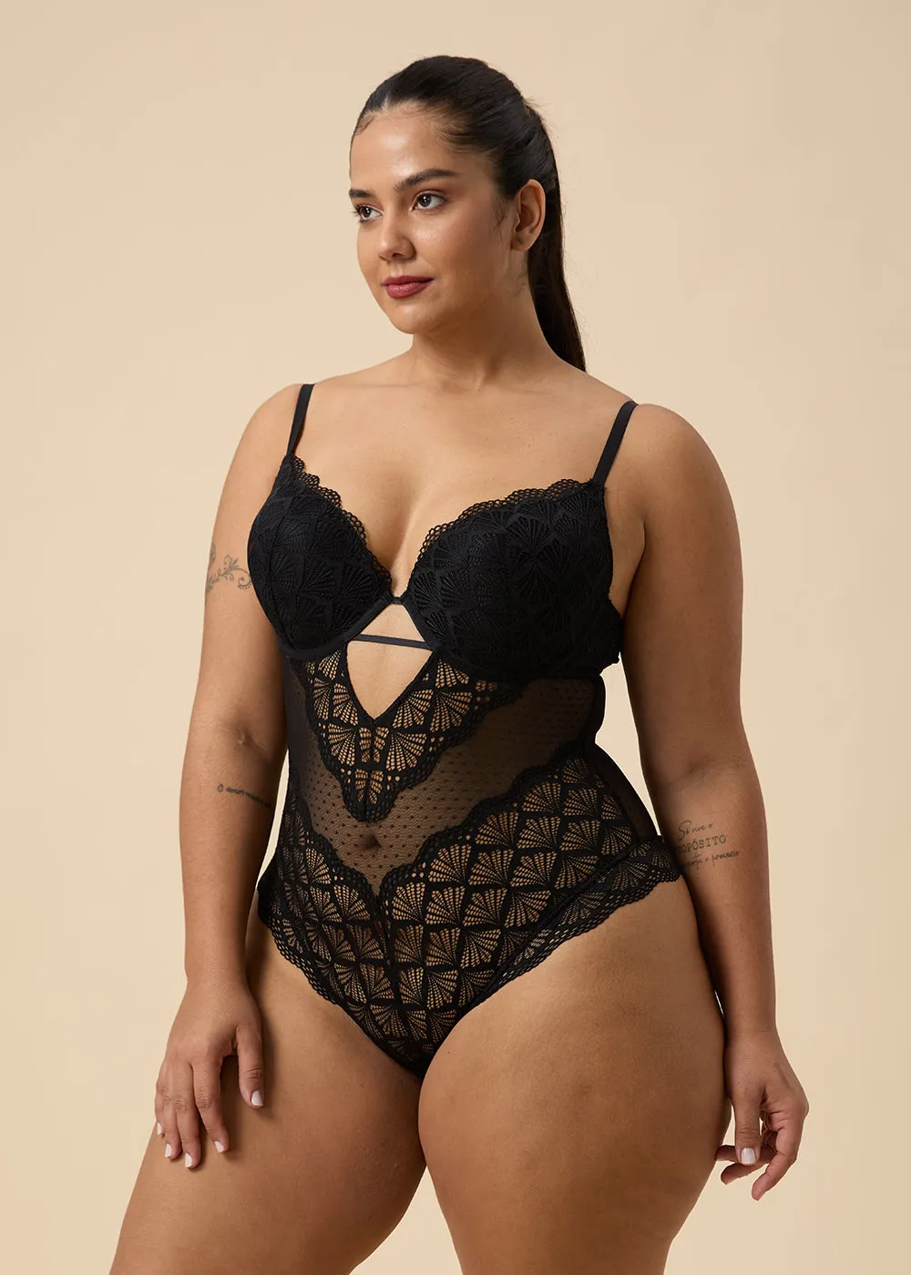 OLIVIA Plus Sexy Push-Up Mesh Black Lace Bodysuit