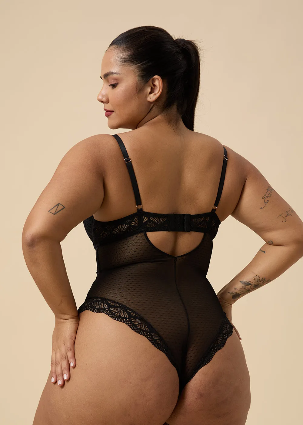 OLIVIA Plus Sexy Push-Up Mesh Black Lace Bodysuit