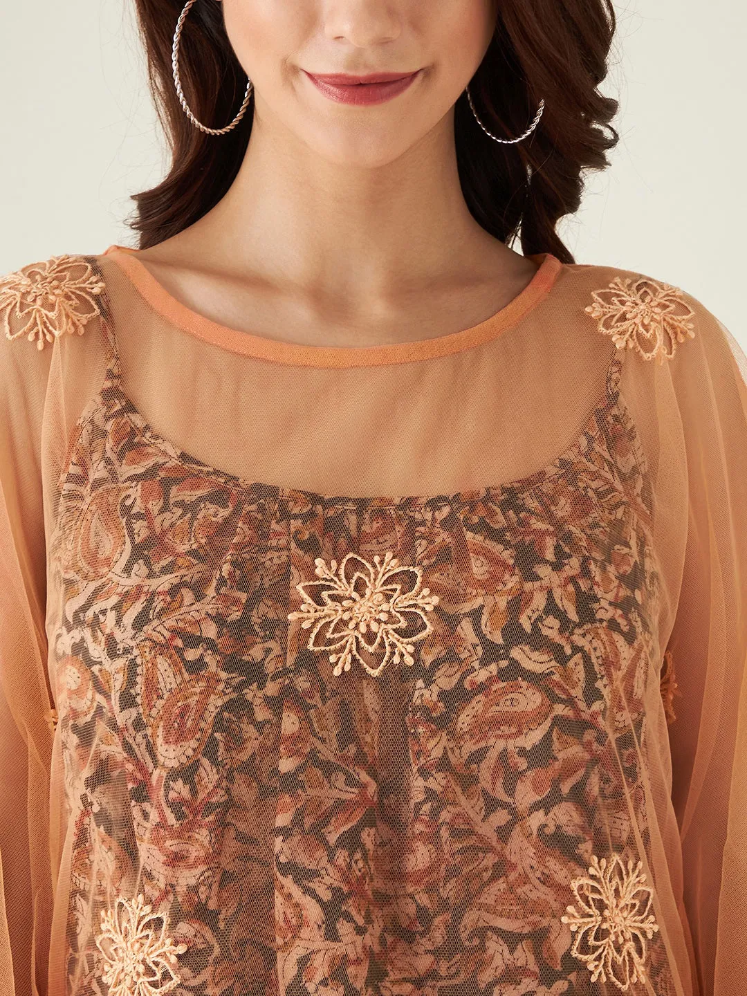 Orange Tulle Hand Embroidered Chikankari Kaftan Dress