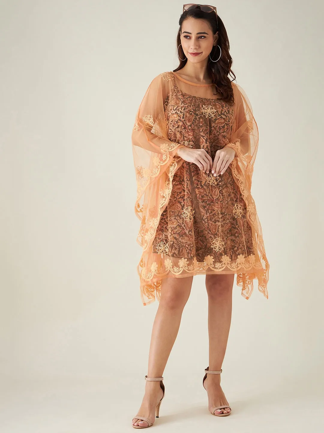 Orange Tulle Hand Embroidered Chikankari Kaftan Dress