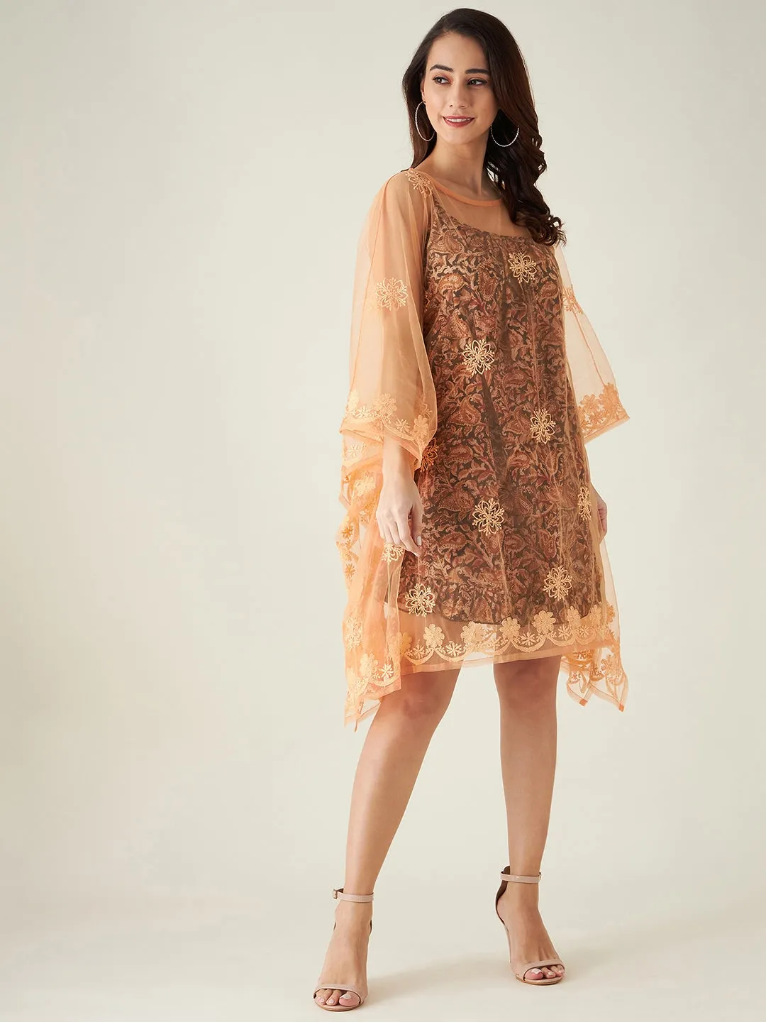Orange Tulle Hand Embroidered Chikankari Kaftan Dress