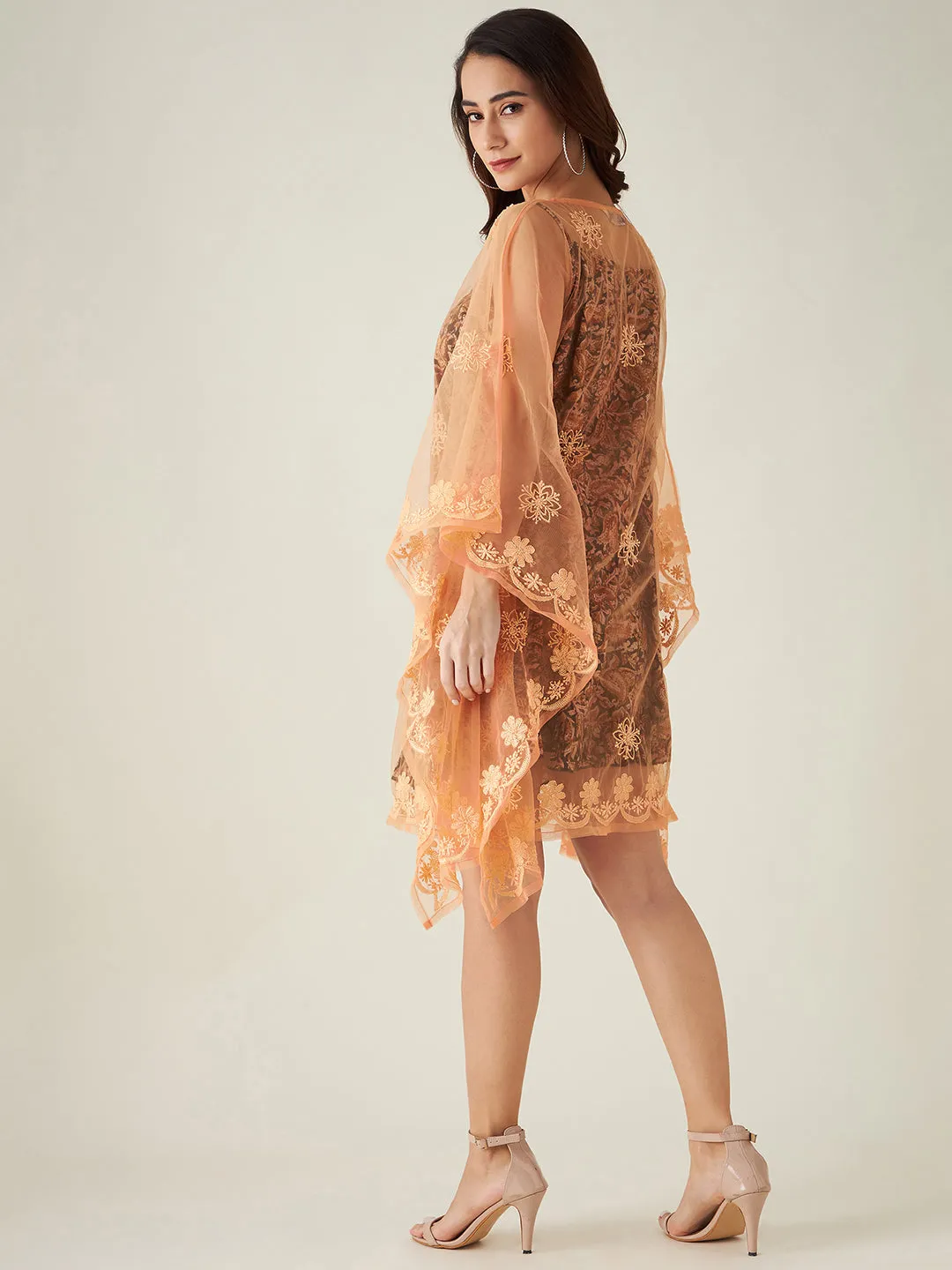 Orange Tulle Hand Embroidered Chikankari Kaftan Dress