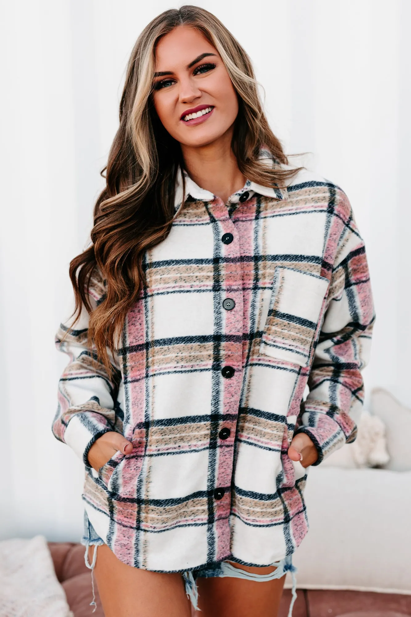 Percy Plaid Shacket (Ivory/Pink)