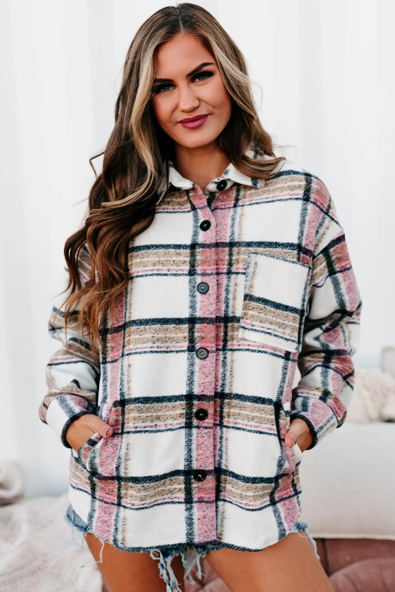 Percy Plaid Shacket (Ivory/Pink)