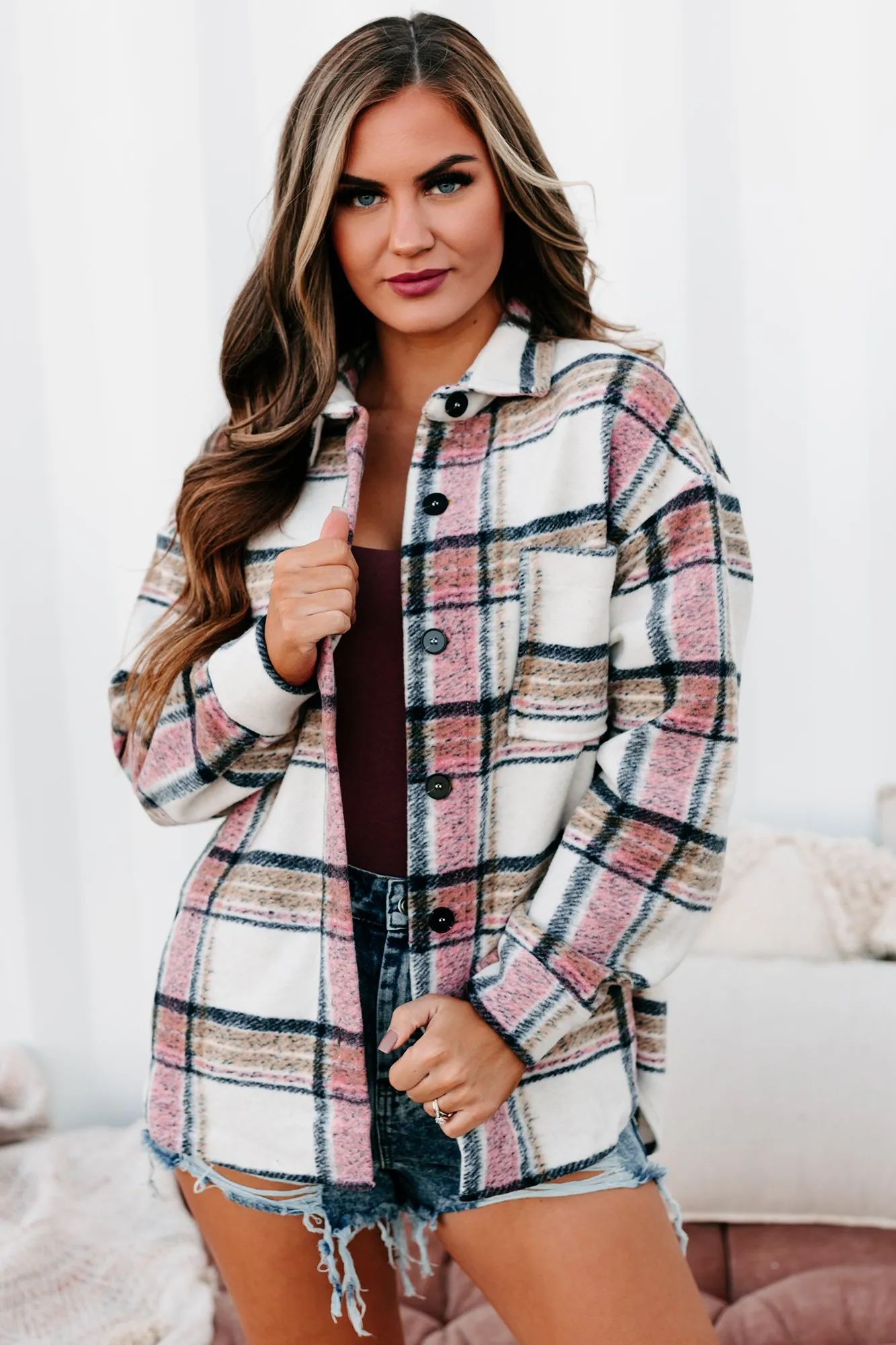 Percy Plaid Shacket (Ivory/Pink)