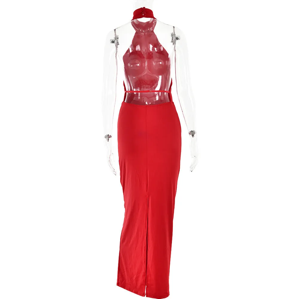Pre Order:  Solid Backless Halter Neck Strappy Dress