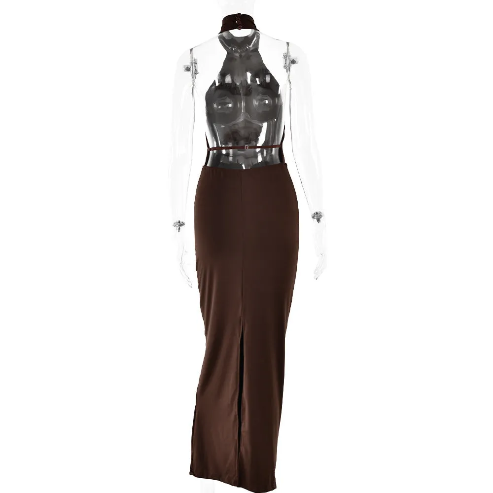 Pre Order:  Solid Backless Halter Neck Strappy Dress